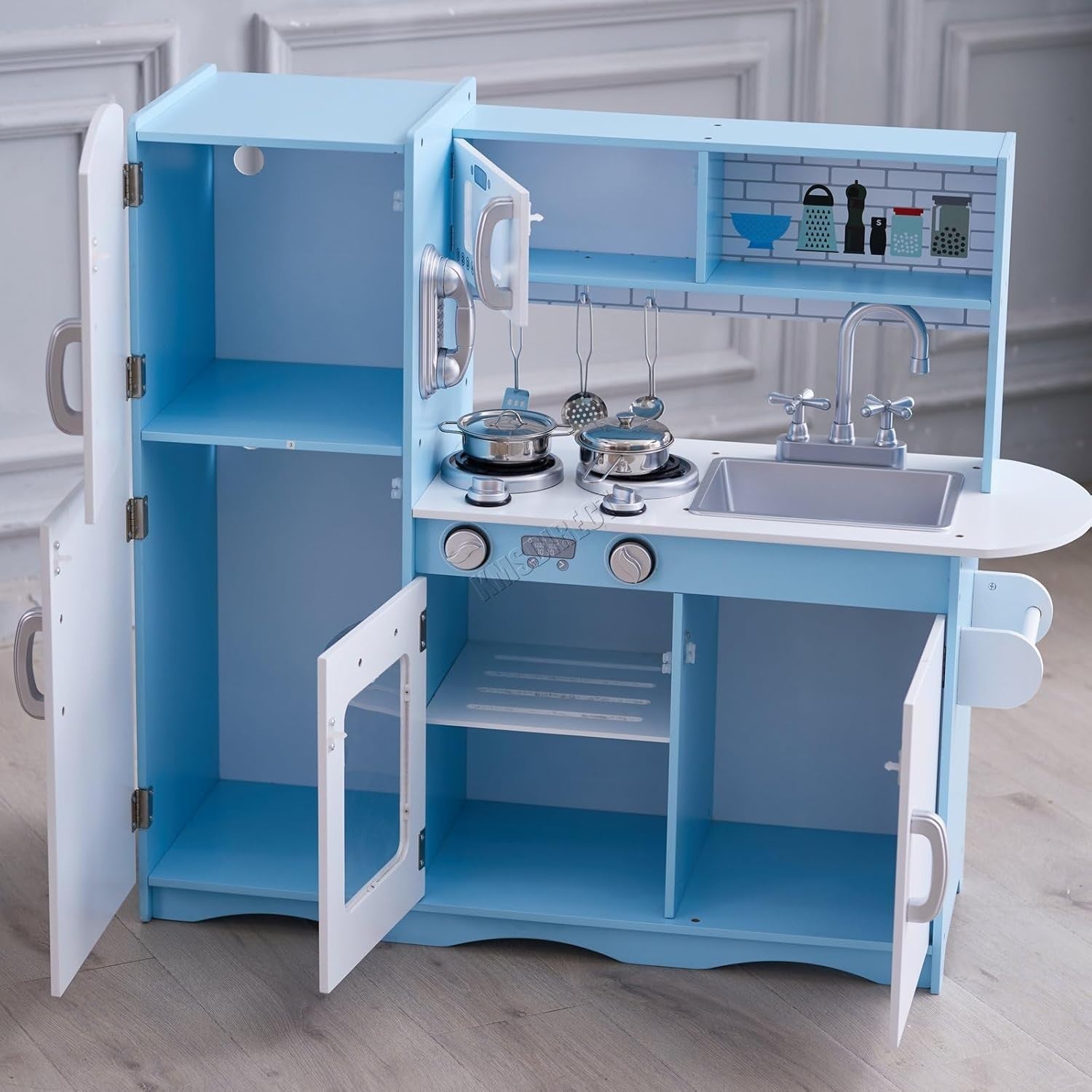 Wooden Kids Play Kitchen Role Play Cooking Toy Set Blue Accessories