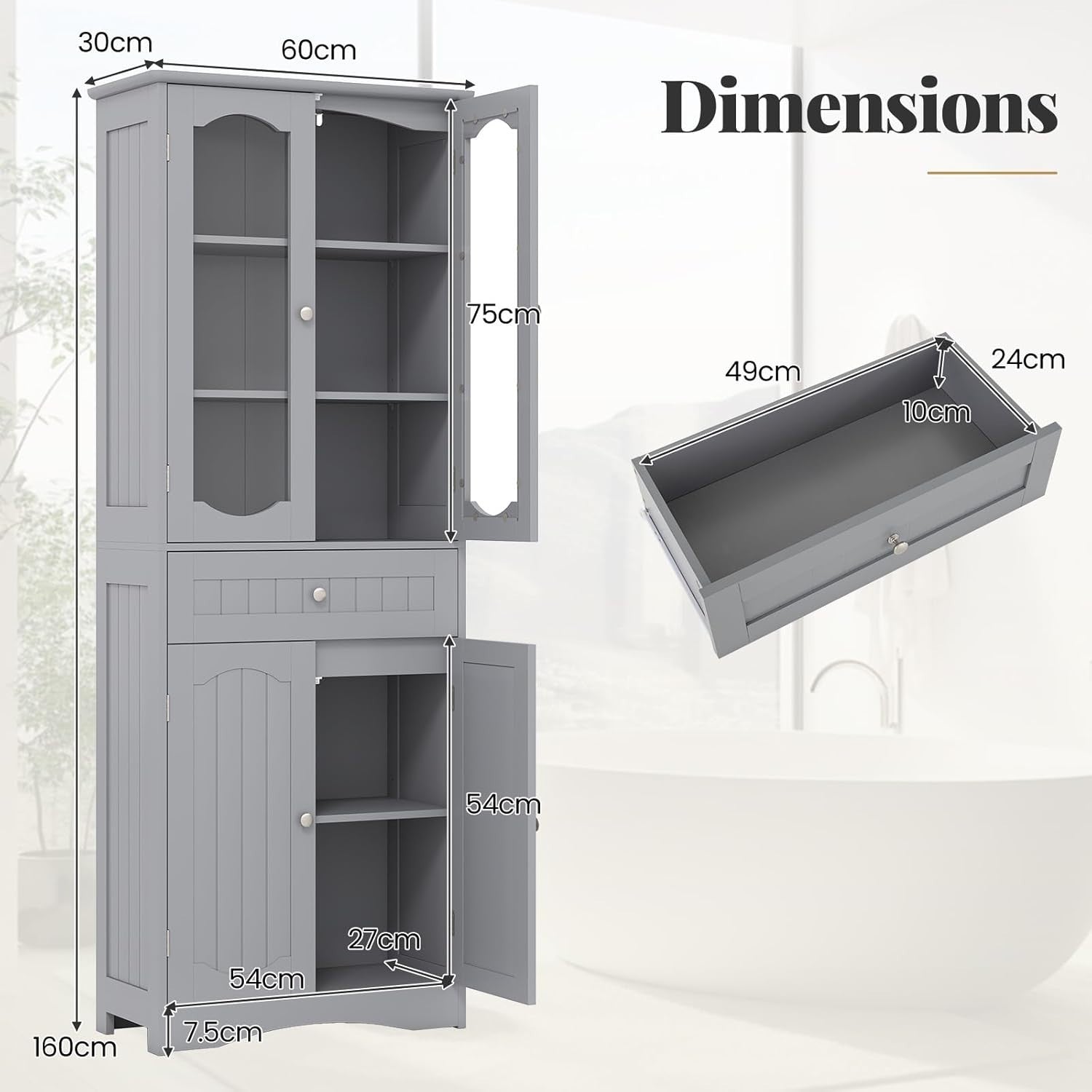 Tall Bathroom Cabinet Grey Freestanding Storage Cupboard 4-Door Drawer