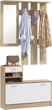 Natural Wood Hallway Furniture Set with Shoe Cabinet, Mirror & Coat Hooks