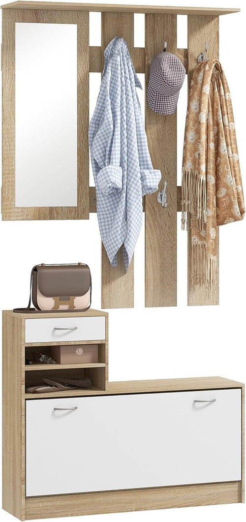 Natural Wood Hallway Furniture Set with Shoe Cabinet, Mirror & Coat Hooks