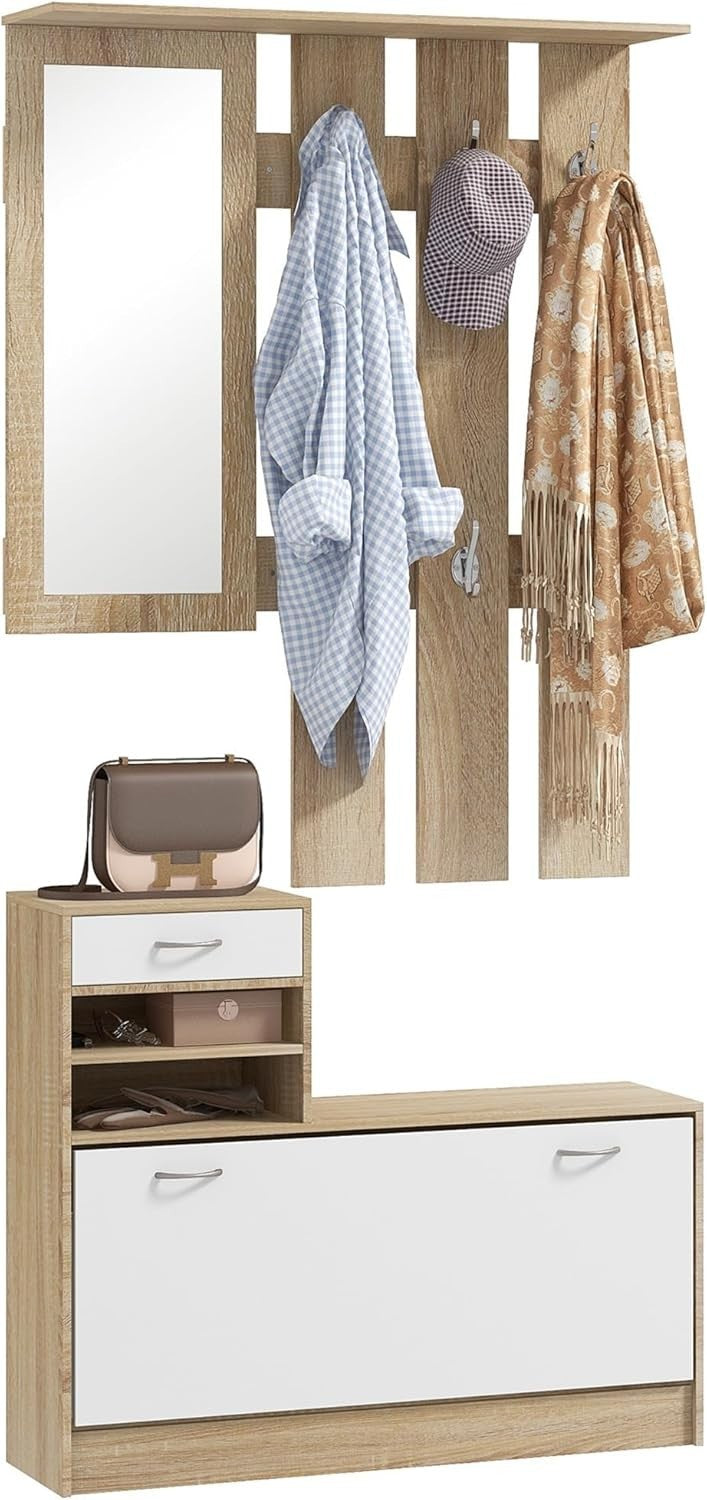 Natural Wood Hallway Furniture Set with Shoe Cabinet, Mirror & Coat Hooks