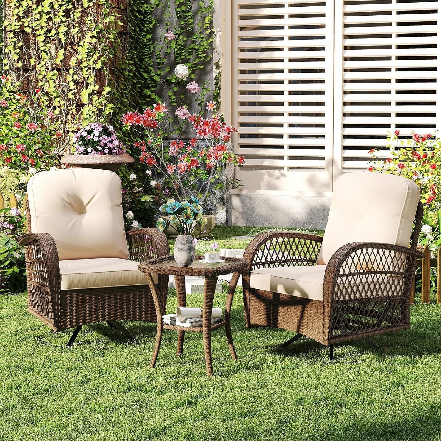 360° Rattan Swivel Rocker Chairs Set w/ Cushions & Table Outdoor Patio
