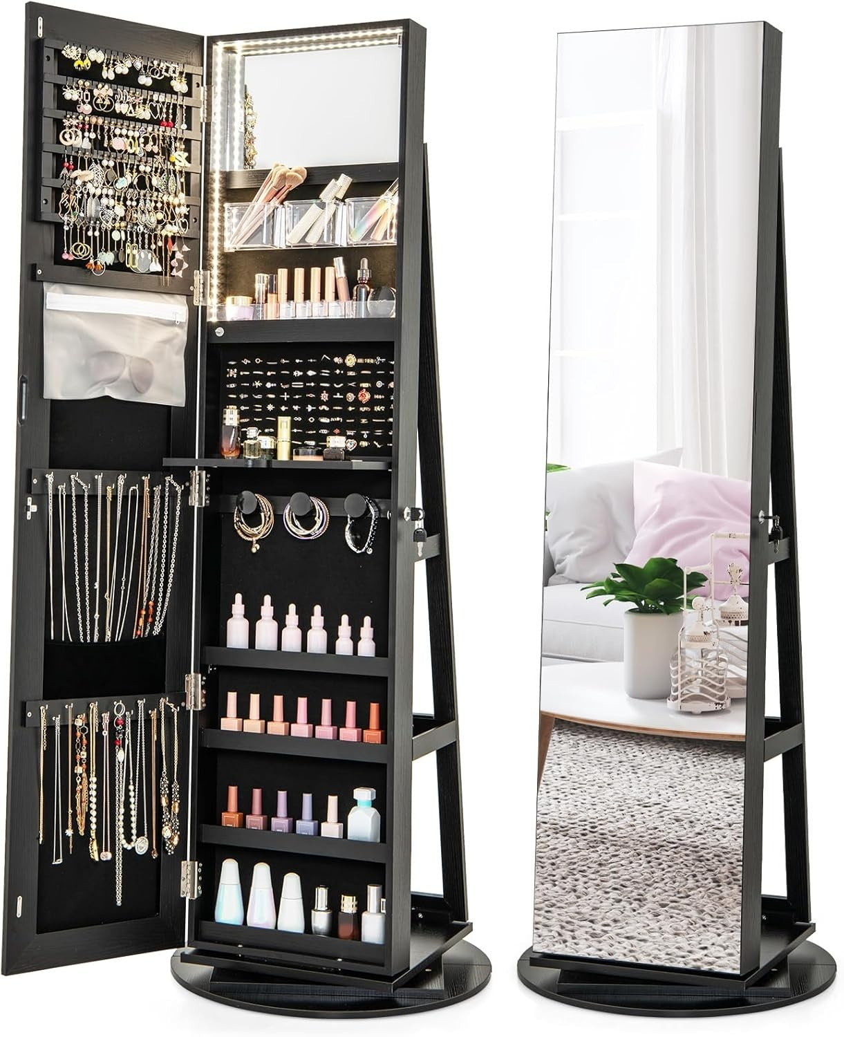 Black Rotating Jewelry Organizer LED Full Mirror Lockable Storage Unit