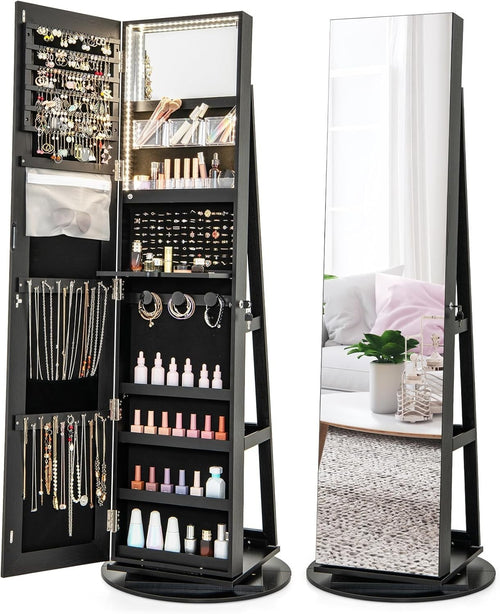 Black Rotating Jewelry Organizer LED Full Mirror Lockable Storage Unit