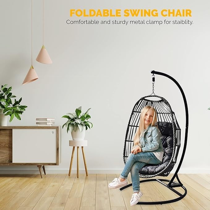 Hanging Egg Chair with Stand Rattan Swing Seat Grey Cushion Indoor Outdoor