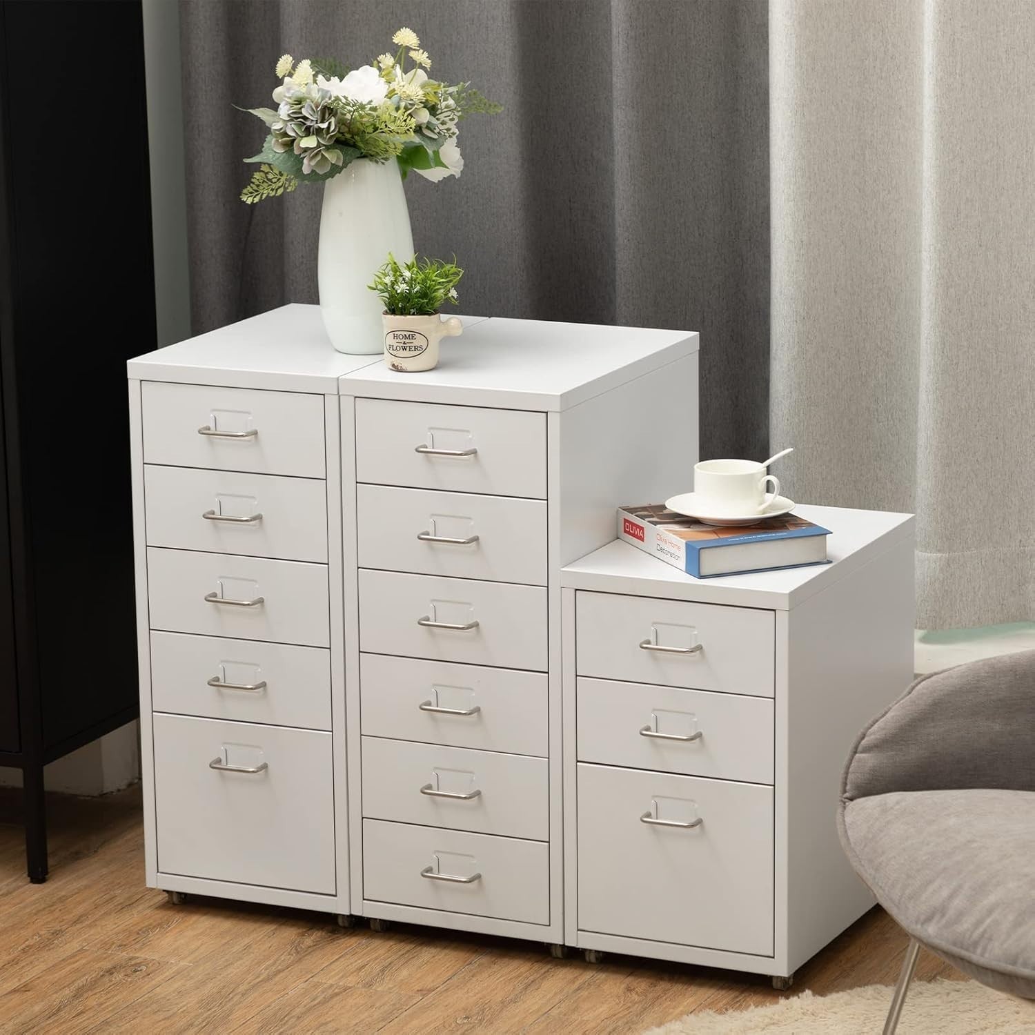 Slim White Metal Rolling Cabinet 5 Drawer Mobile File Storage