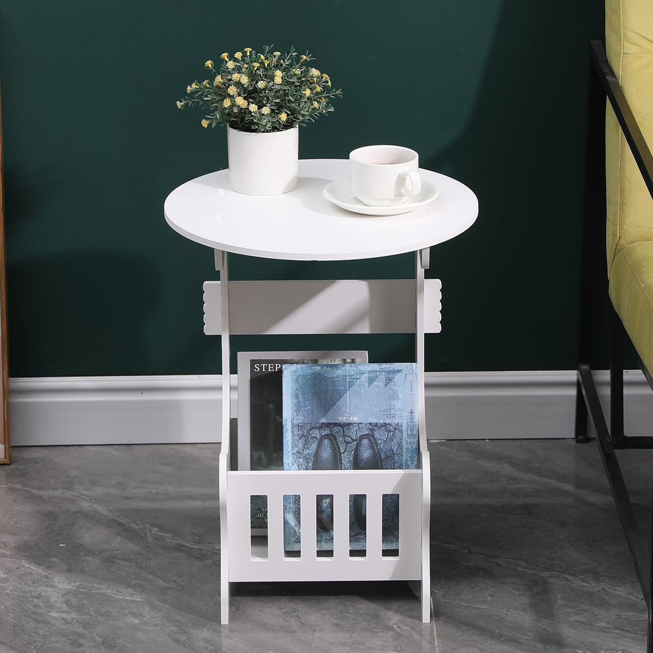 Round White Bedside Table with Shelf, Slim Corner Side Table for Small Spaces
