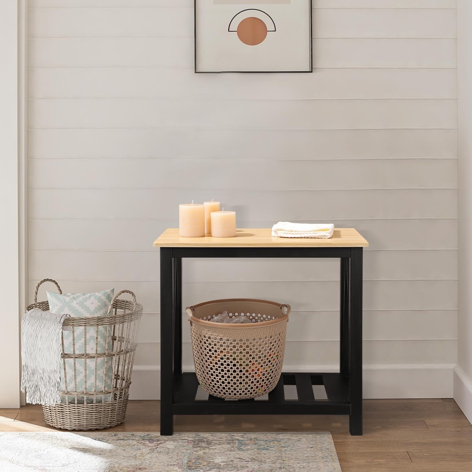 Narrow Wood Side Table with Shelves, Rectangular Nightstand for Small Spaces
