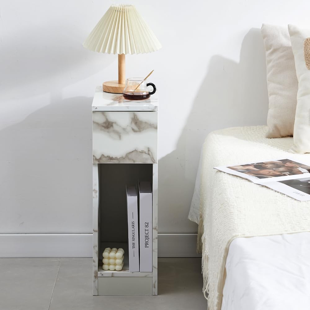 White Marble High Gloss Slim Bedside Table with Drawer & Shelf for Small Spaces
