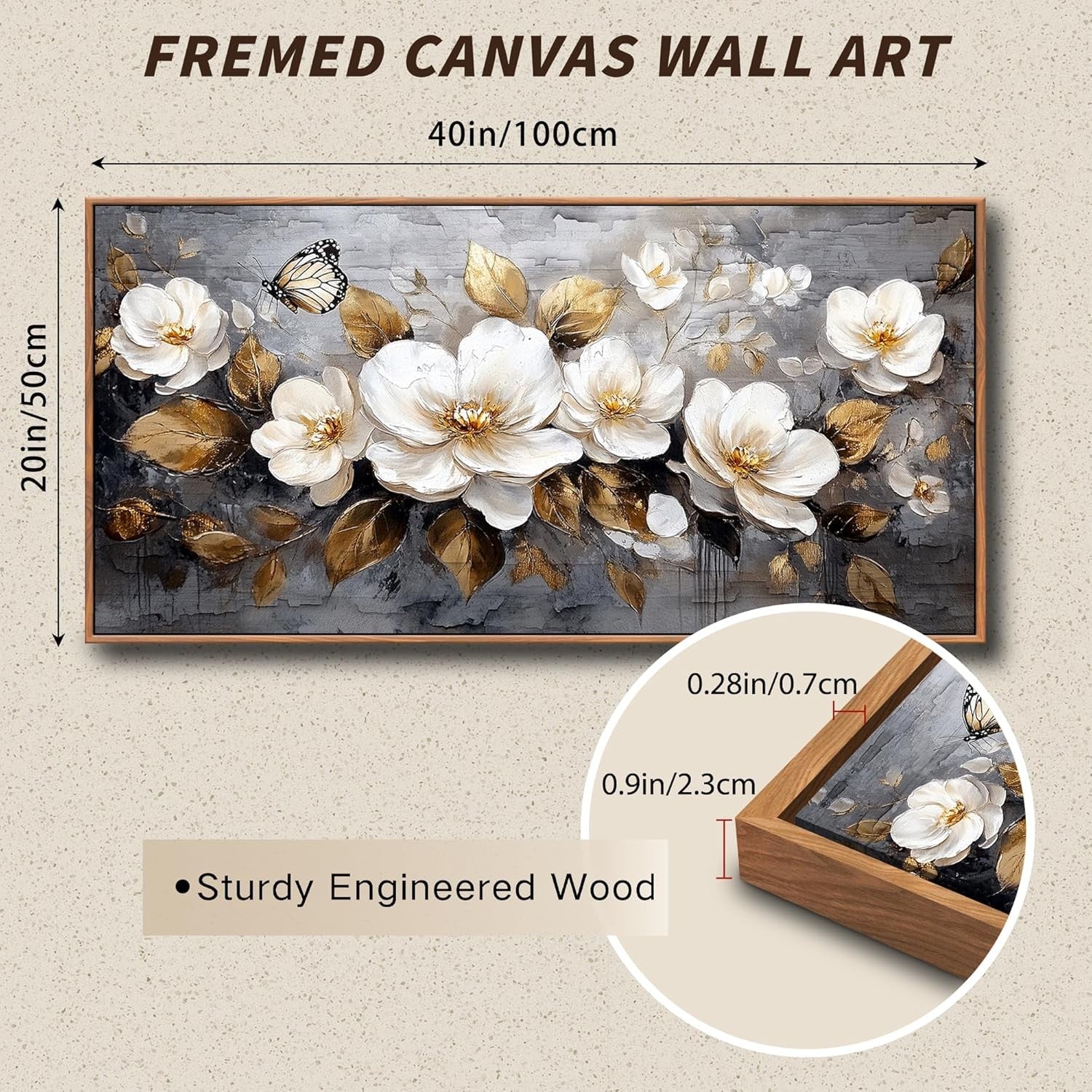 Golden Flowers Canvas Wall Art Framed 100x50 cm Large Floral Decor