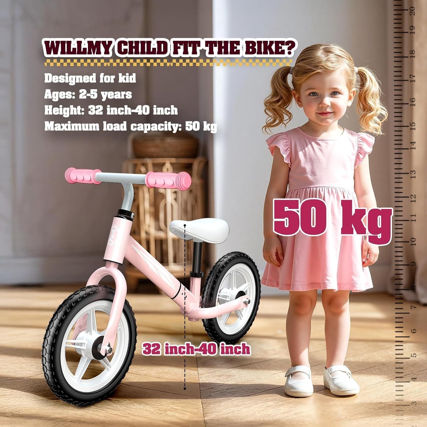 Kids Balance Bike LED Wheels Adjustable Seat Handlebar 2-5 Years Pink