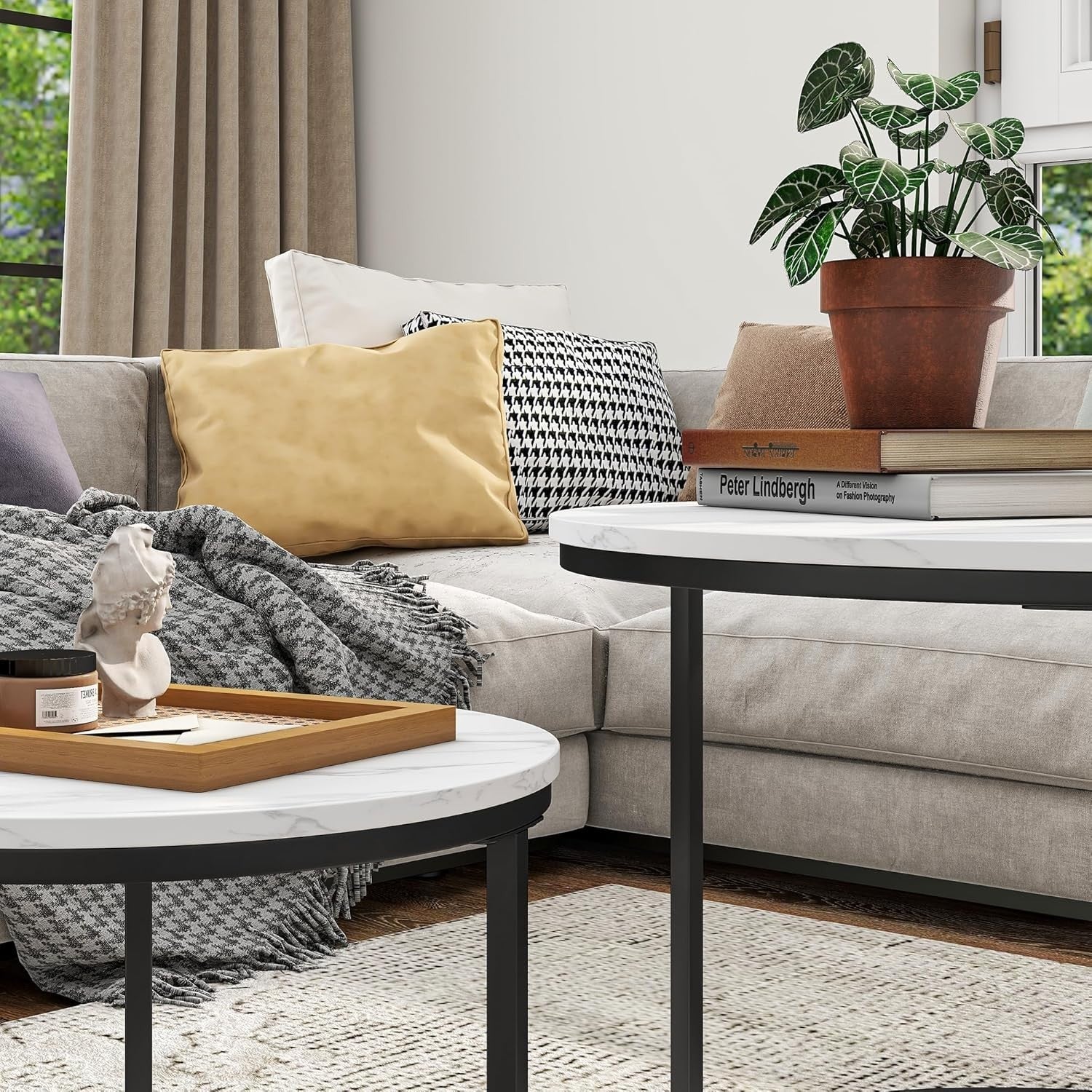 Nesting Coffee Table Black White Round Metal Legs Side End Modern Wood Look