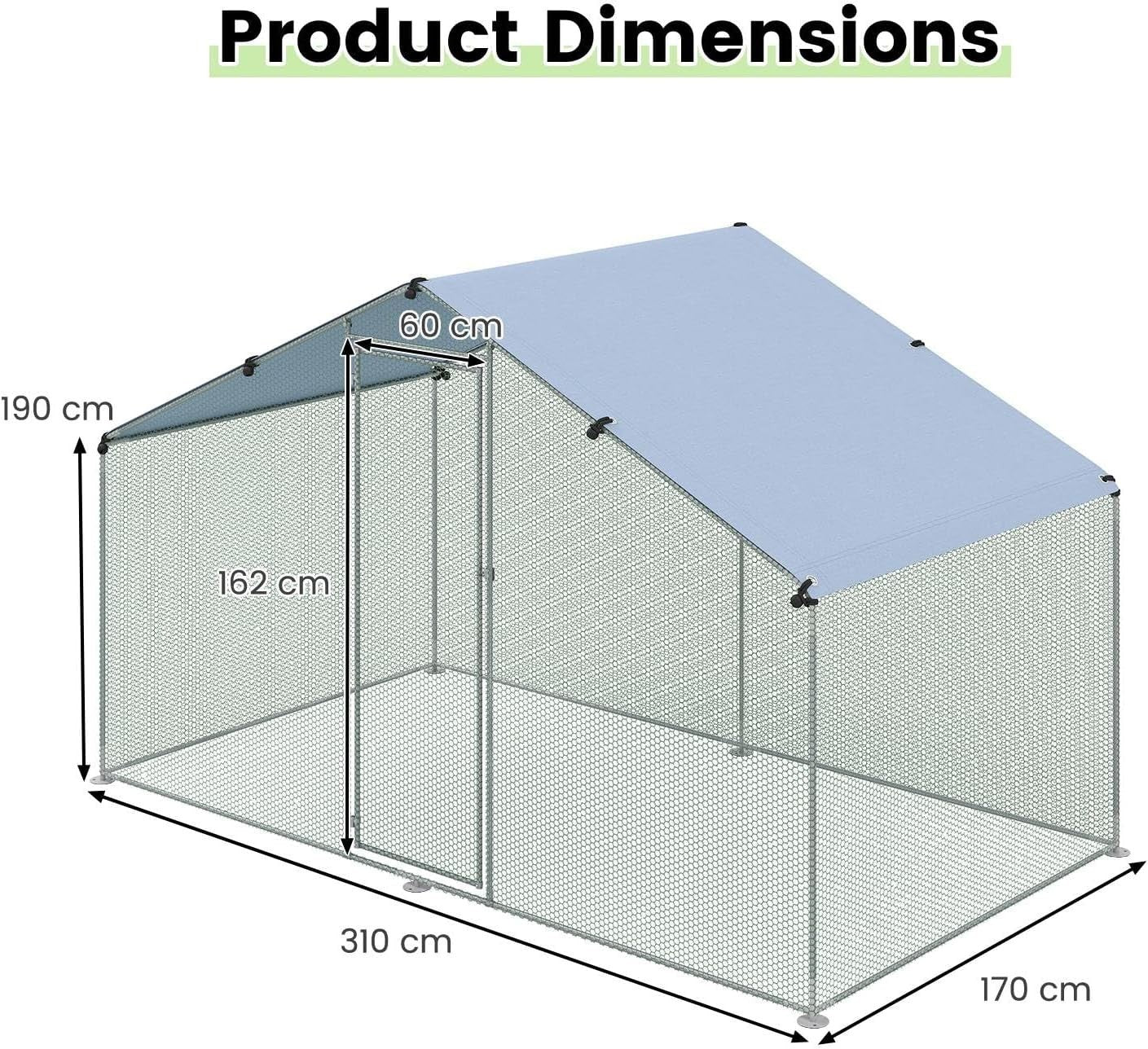 Large Walk In Chicken Coop 310x170x190cm Galvanised Run Cover Cage