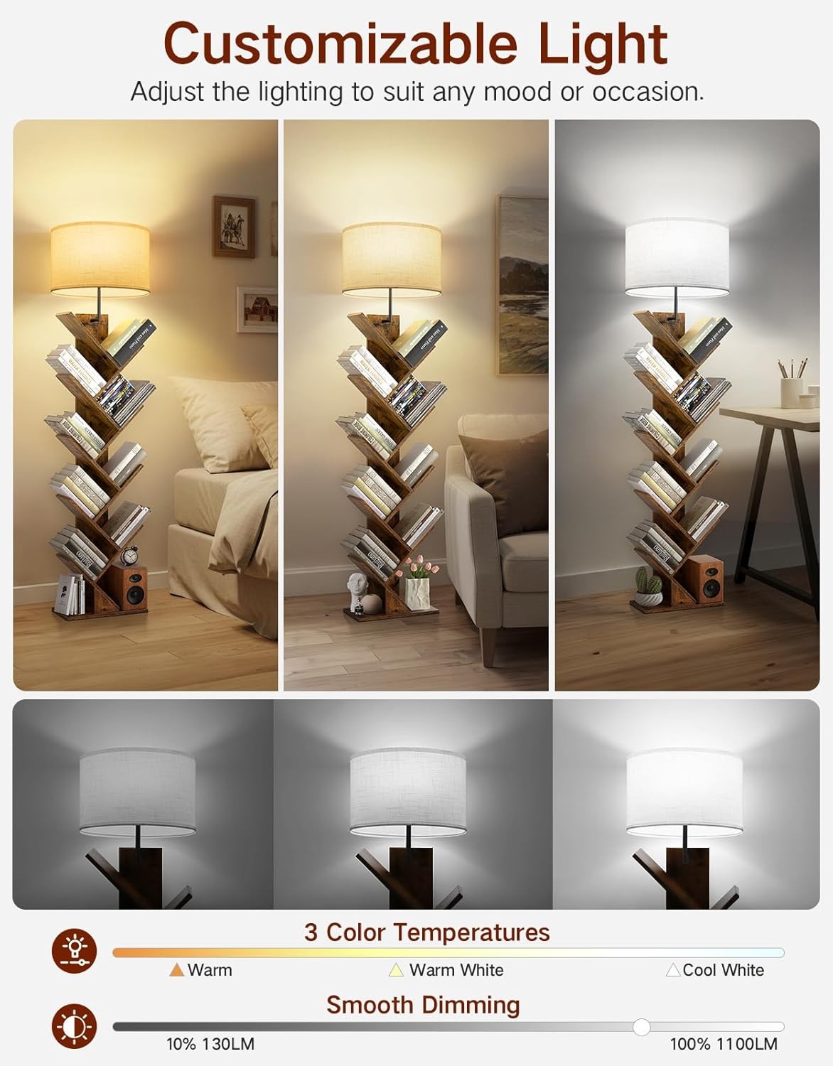 Tree Bookshelf Floor Lamp 9 Tier Wooden Bookcase Light Remote Dimmable