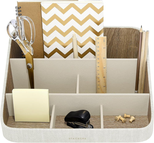 Desk Organiser 2-Tier PU & Linen Storage Box for Stationery & Office