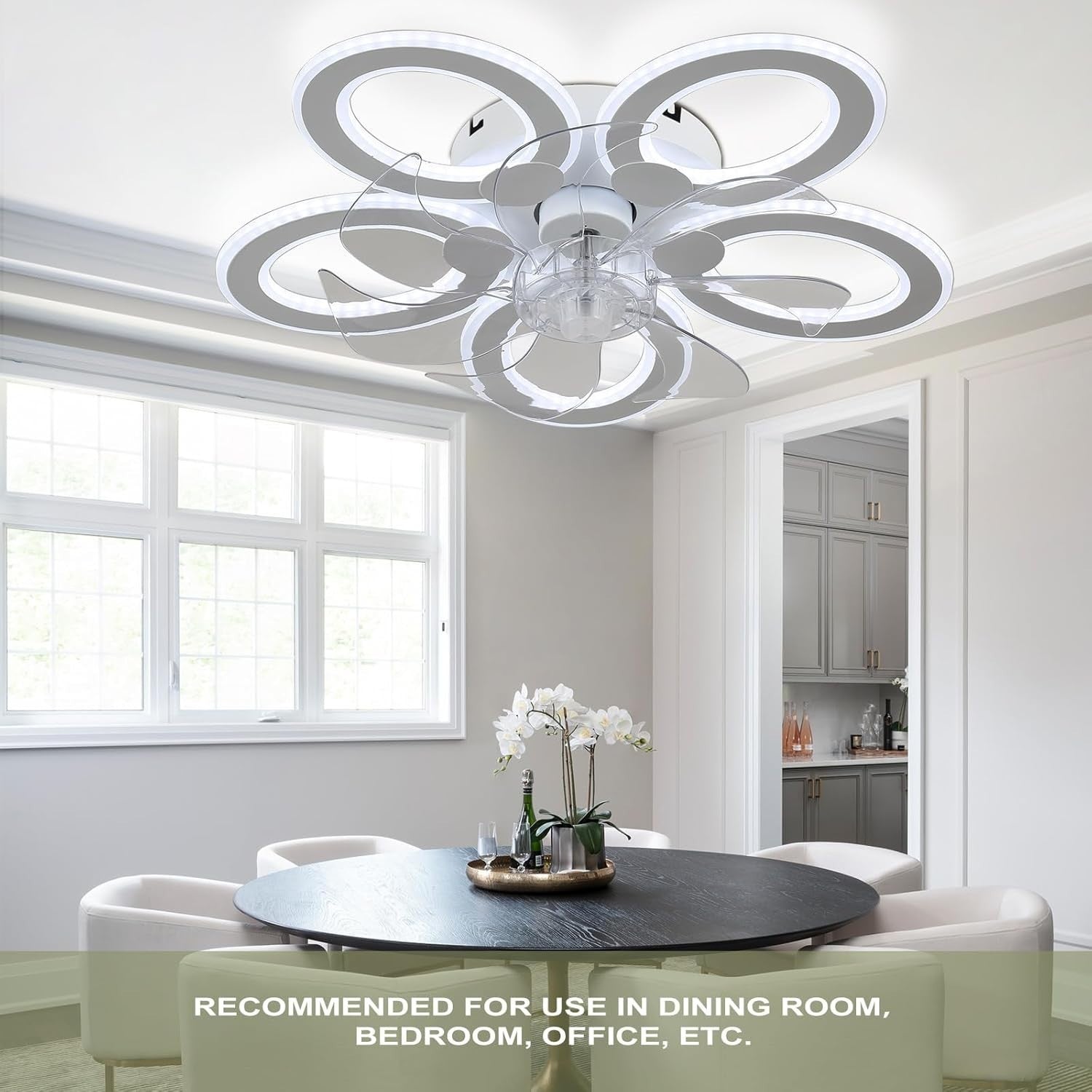 LED Ceiling Fan with Light, 6 Speeds, Dimmable, Low Profile, White