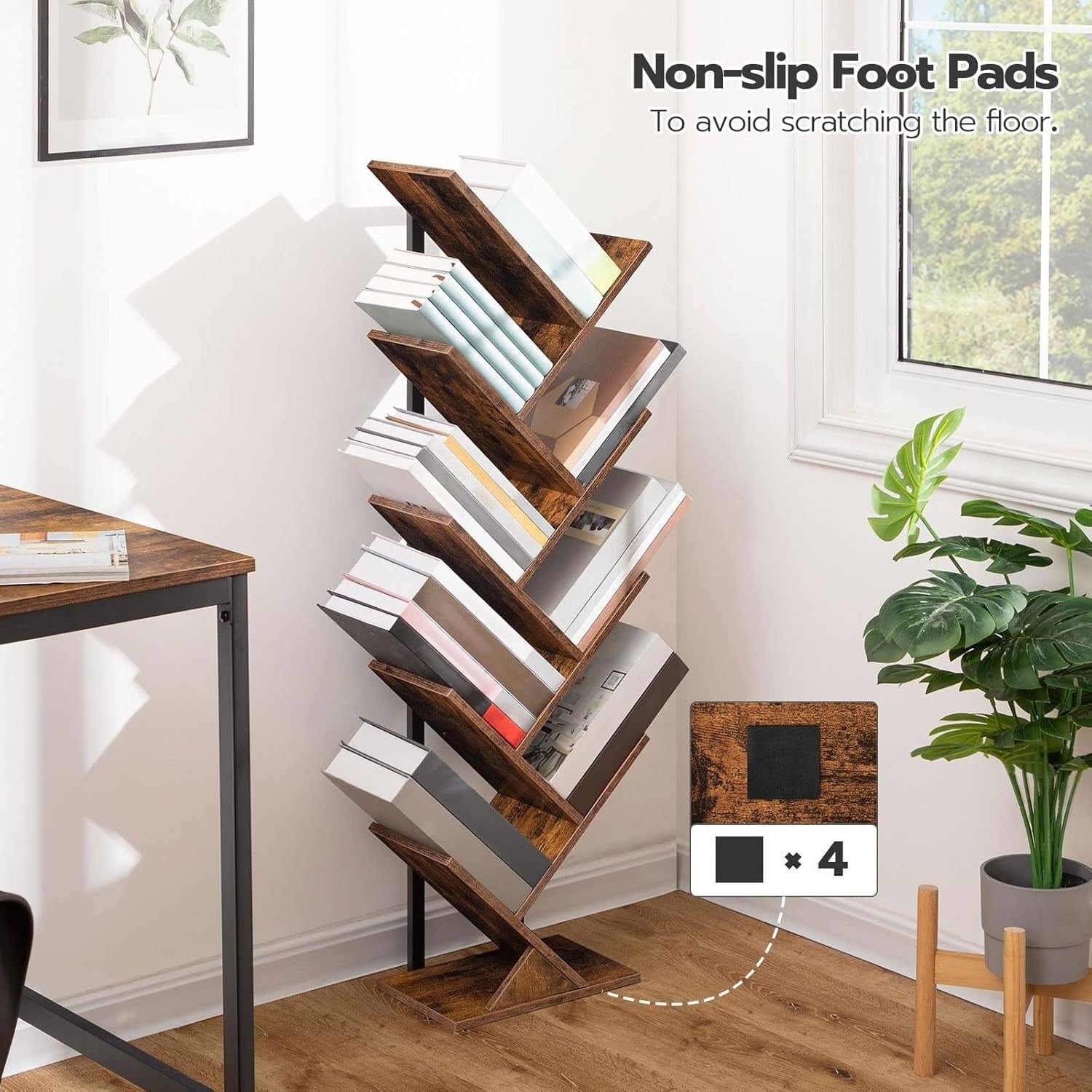 9 Tier Tree Bookshelf Tall Bookcase CD DVD Storage Shelf Rustic Brown