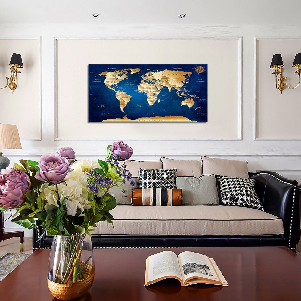 World Map Canvas Wall Art 50x100cm Blue Framed Ready to Hang