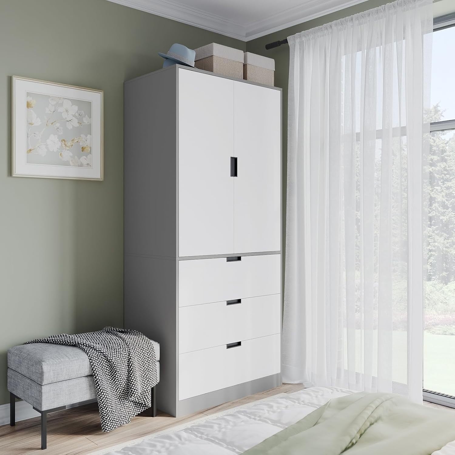 White 2 Door Wardrobe with 3 Drawers & Rail | 180cm Modern Storage