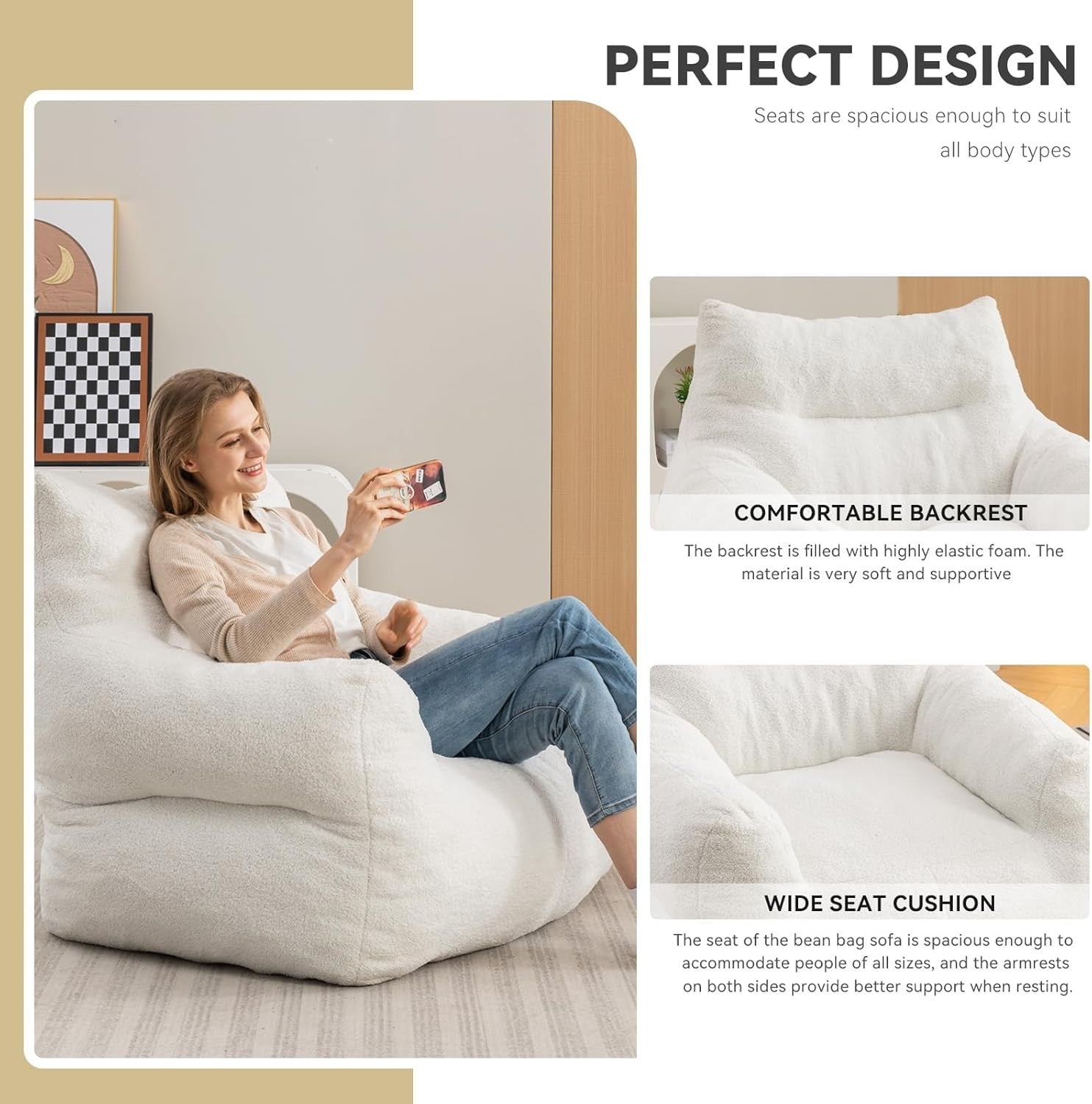White Memory Foam Bean Bag Chair | Large Teddy Sofa Seat for Adults Room