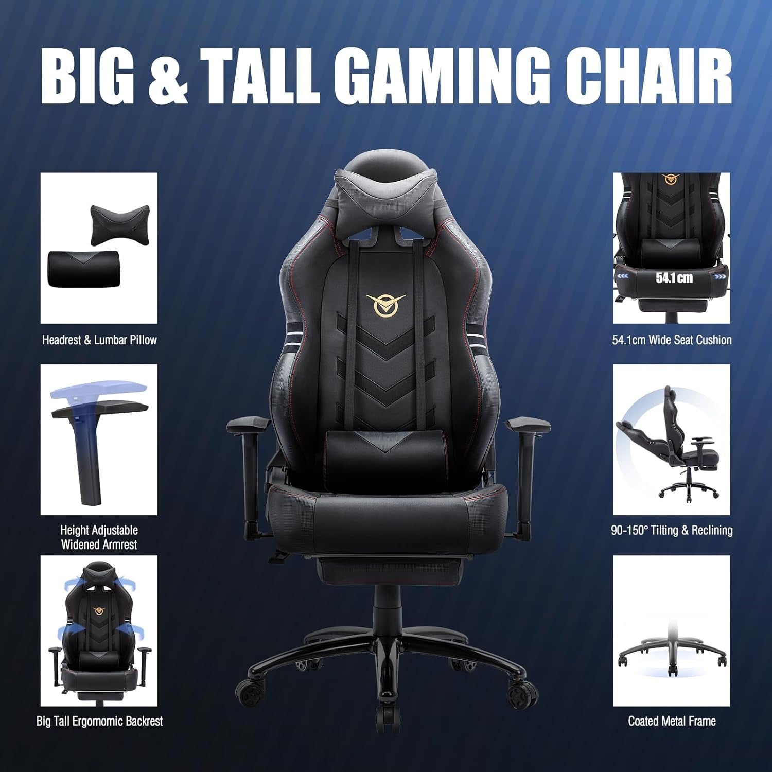 Big & Tall Gaming Chair Recliner w/ Footrest Lumbar Support