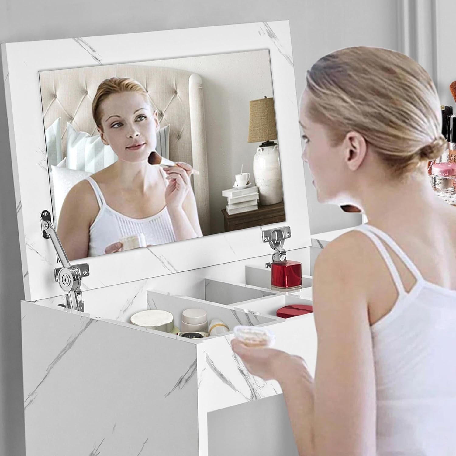 2-in-1 Makeup Vanity Dressing Table Desk Flip Mirror White Marble 1 Drawer Stora