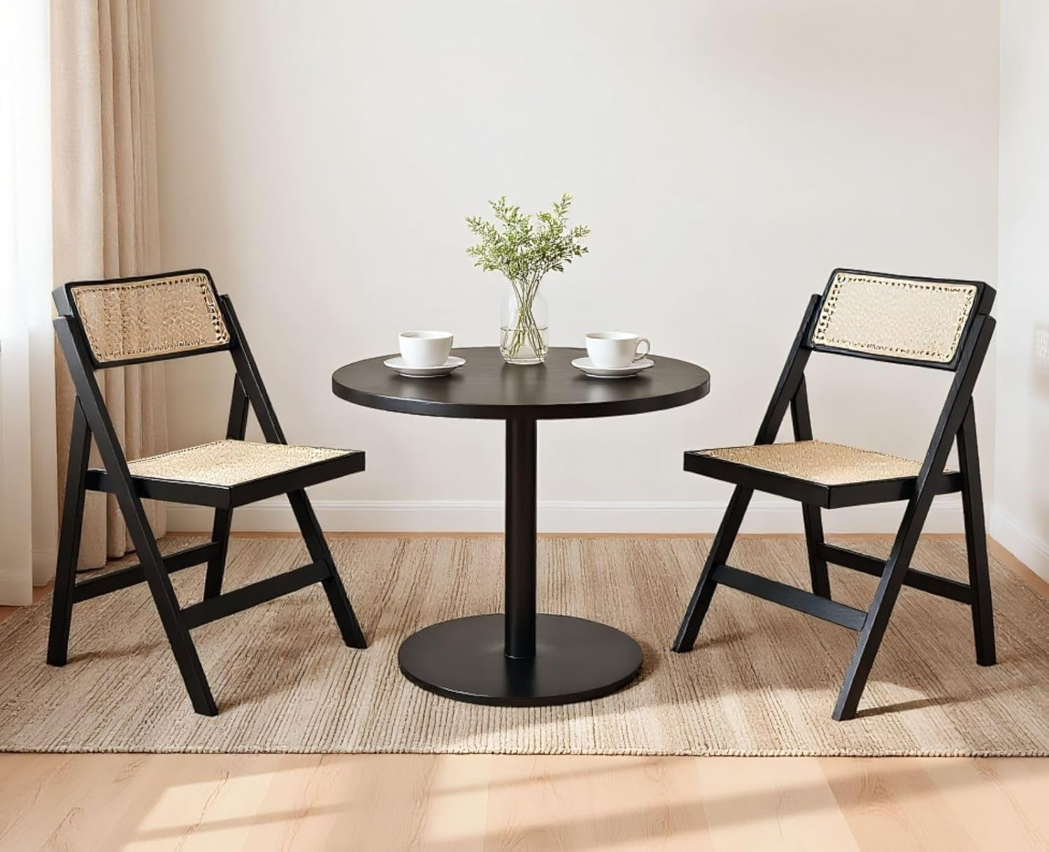 Black Folding Rattan Dining Chairs Set of 2 Wooden Frame Compact Seating