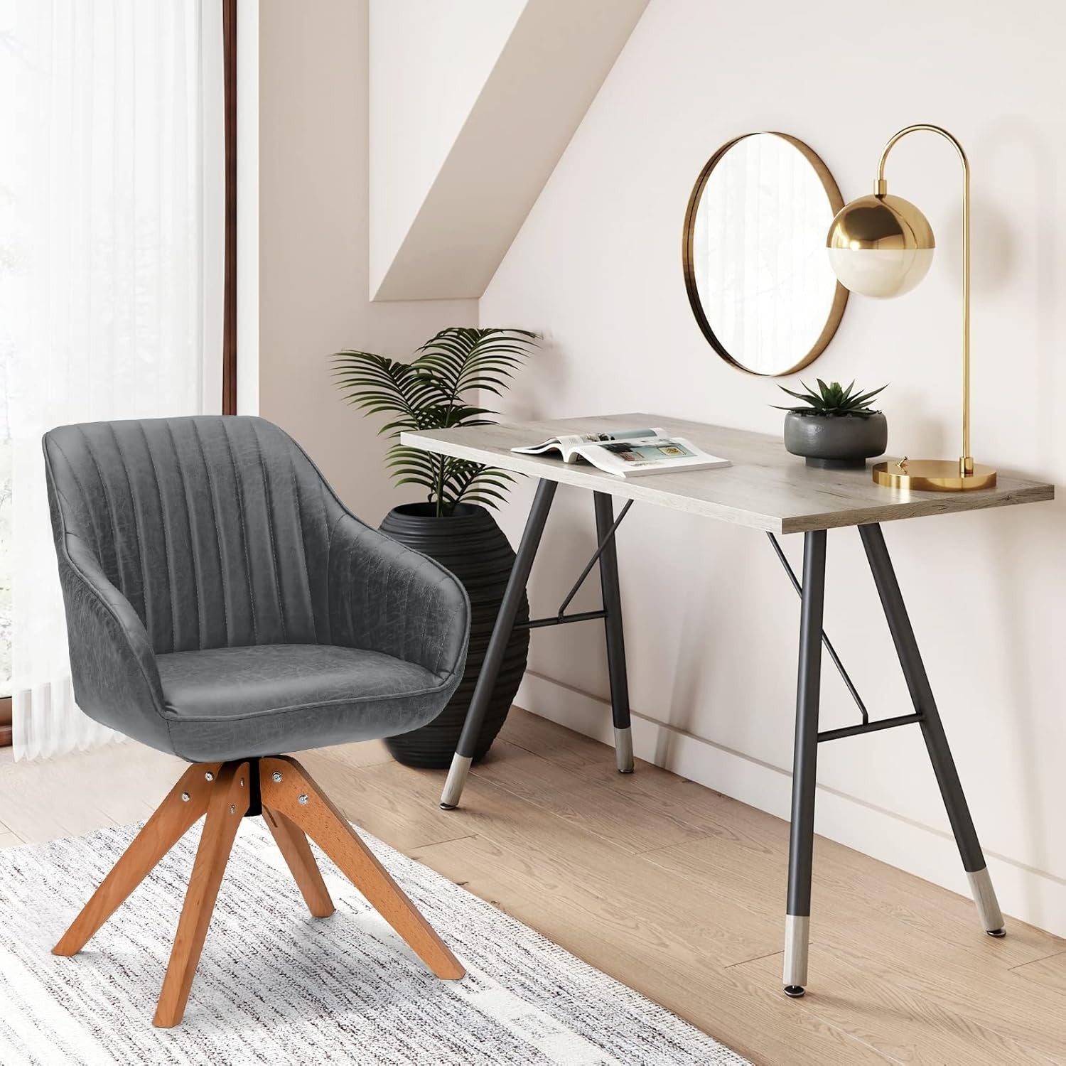 Set of 2 Grey Swivel Desk Chairs Tub Armchairs Wooden Legs