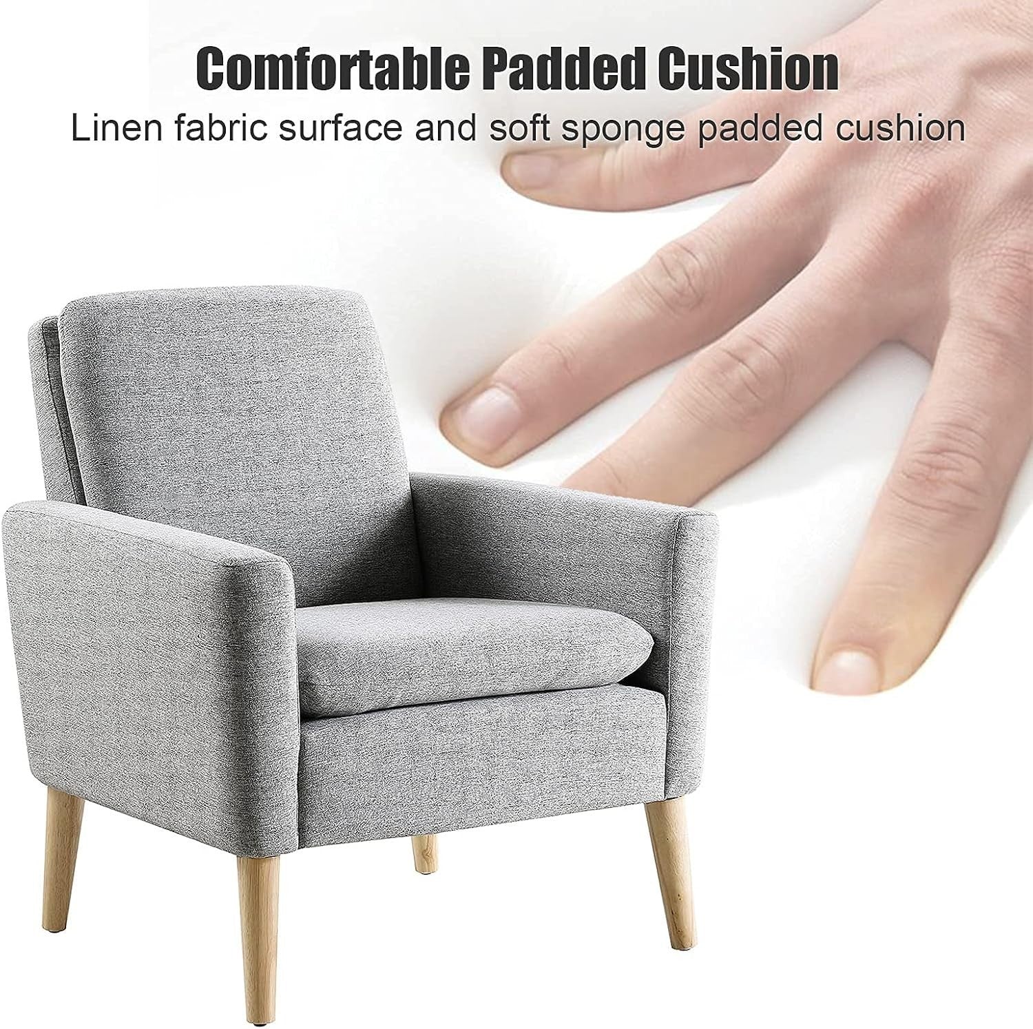 Grey Lounge Armchair Upholstered with Wood Legs for Living Room Bedroom