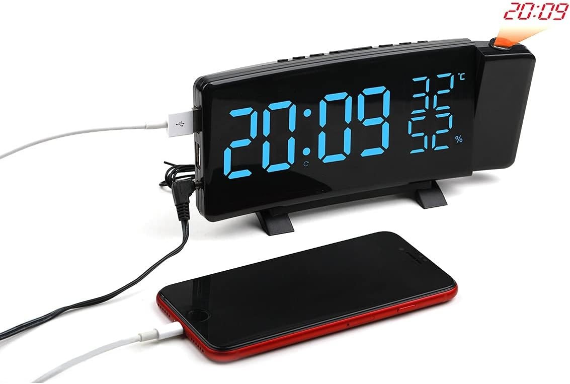 Projection Alarm Clock Large LED Display Indoor Temperature Dual Alarm USB