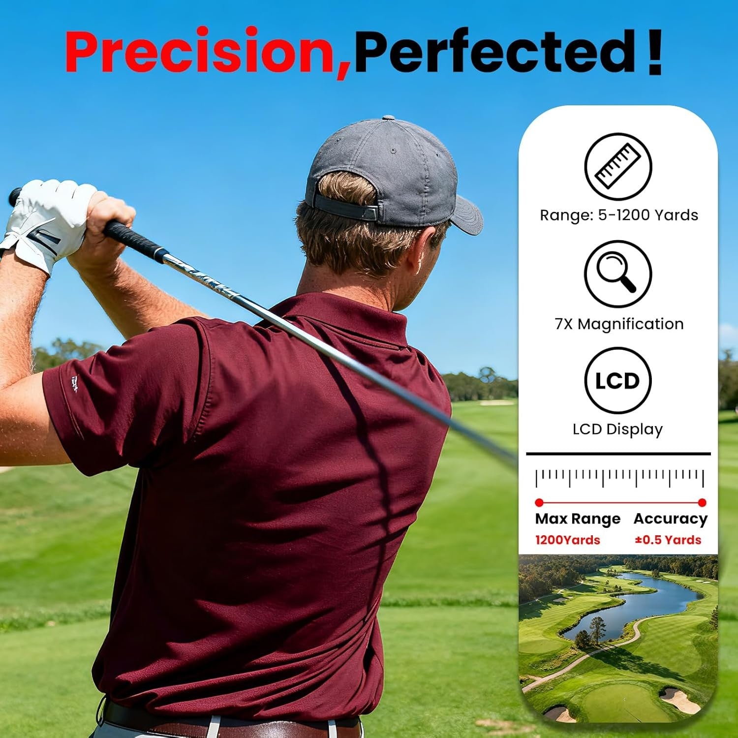 Golf Rangefinder with Slope 1200Y Flag Lock 7X Zoom Magnetic Rechargeable
