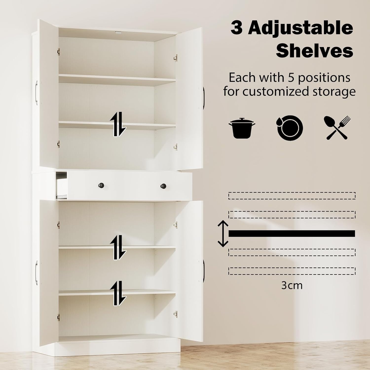 Tall Kitchen Cupboard White 4-Door Buffet Pantry Cabinet Drawer