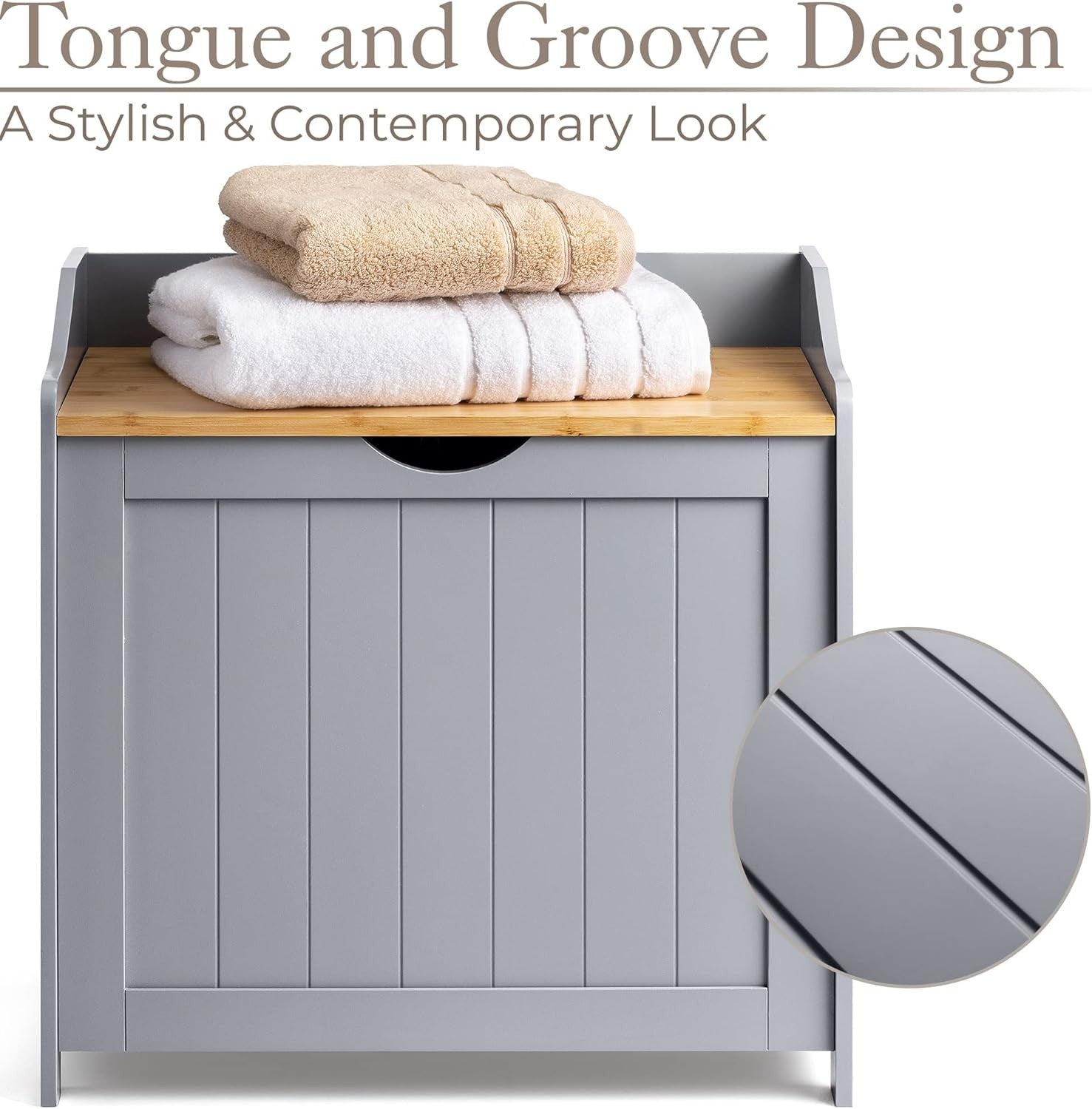 Bathroom Laundry Bin Cabinet Wooden Storage Box with Lift Lid Grey Bamboo