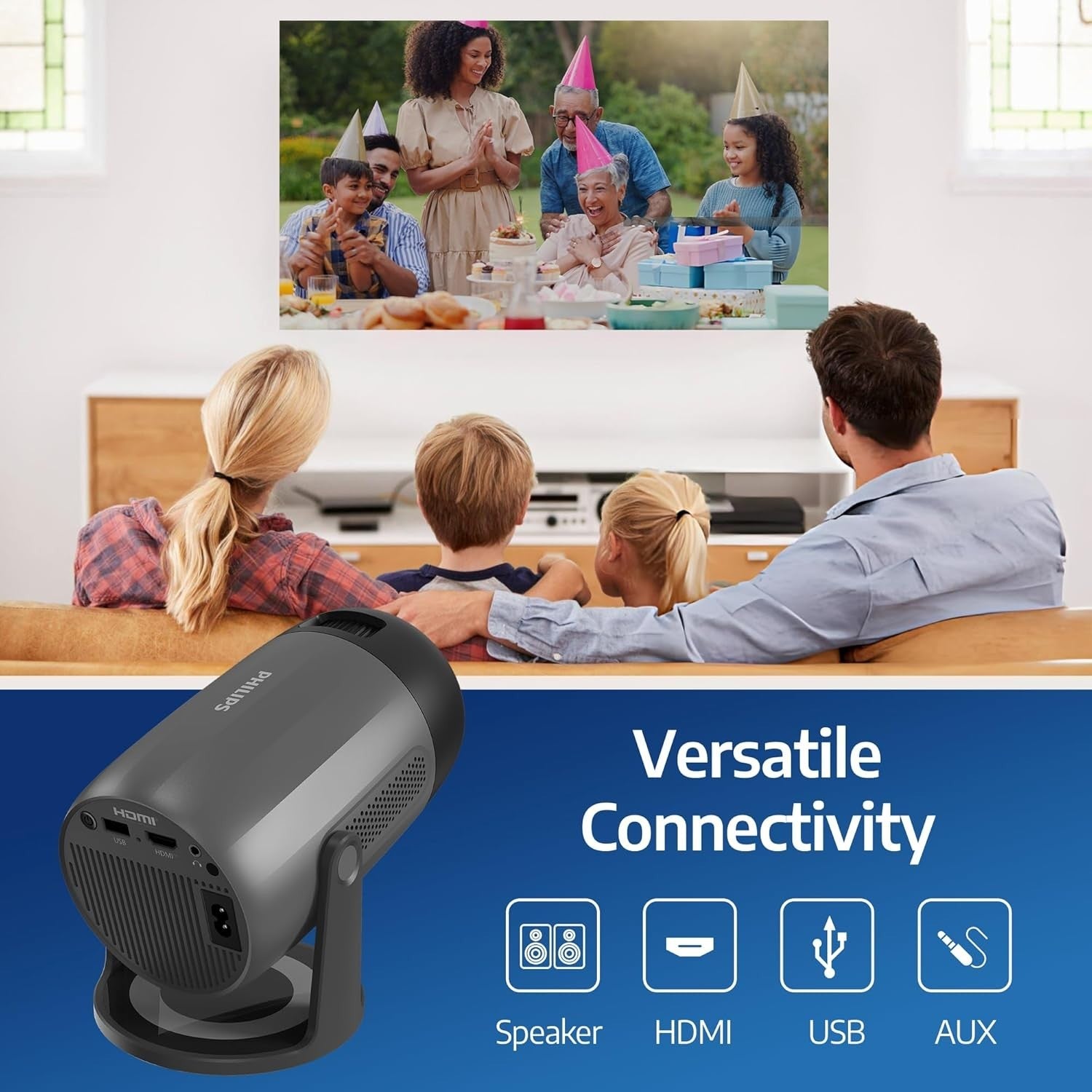 1080P Home Theater Projector WiFi 6 180° Rotatable Stereo 80”