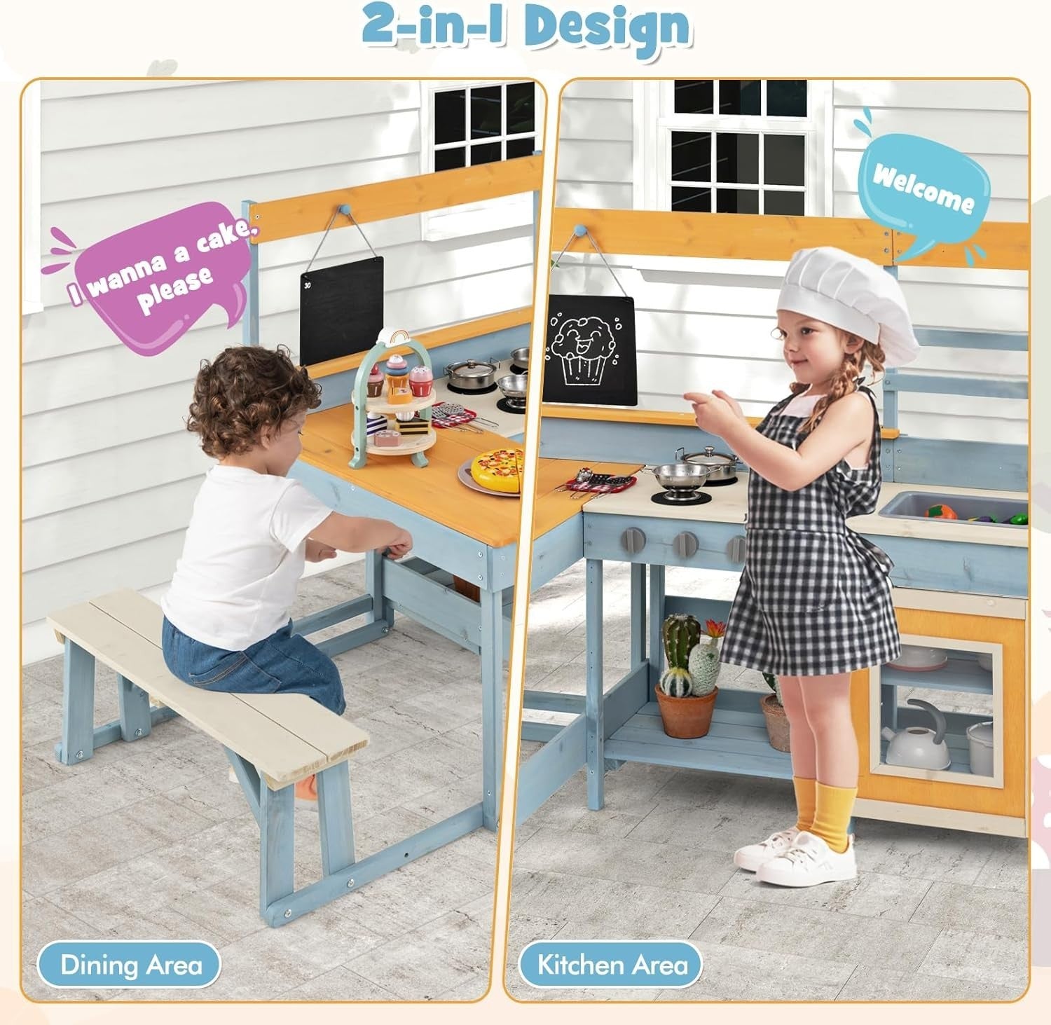 Outdoor Mud Kitchen Kids Playset w/ Picnic Table Dessert Toys