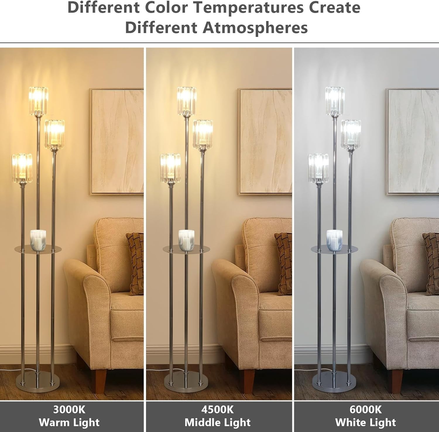 3-Light Modern Floor Lamp with Shelves | Crystal Shades | Chrome Finish