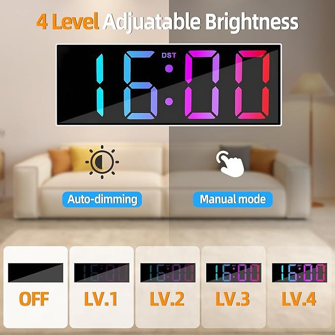 12" RGB LED Digital Wall Clock Large Display Auto-Dim Night Light Modern Bedroom