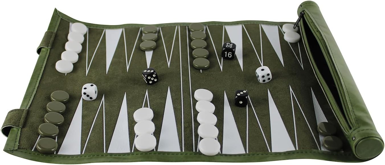 13” Roll Up Backgammon Set Travel Board Game Green Portable Case