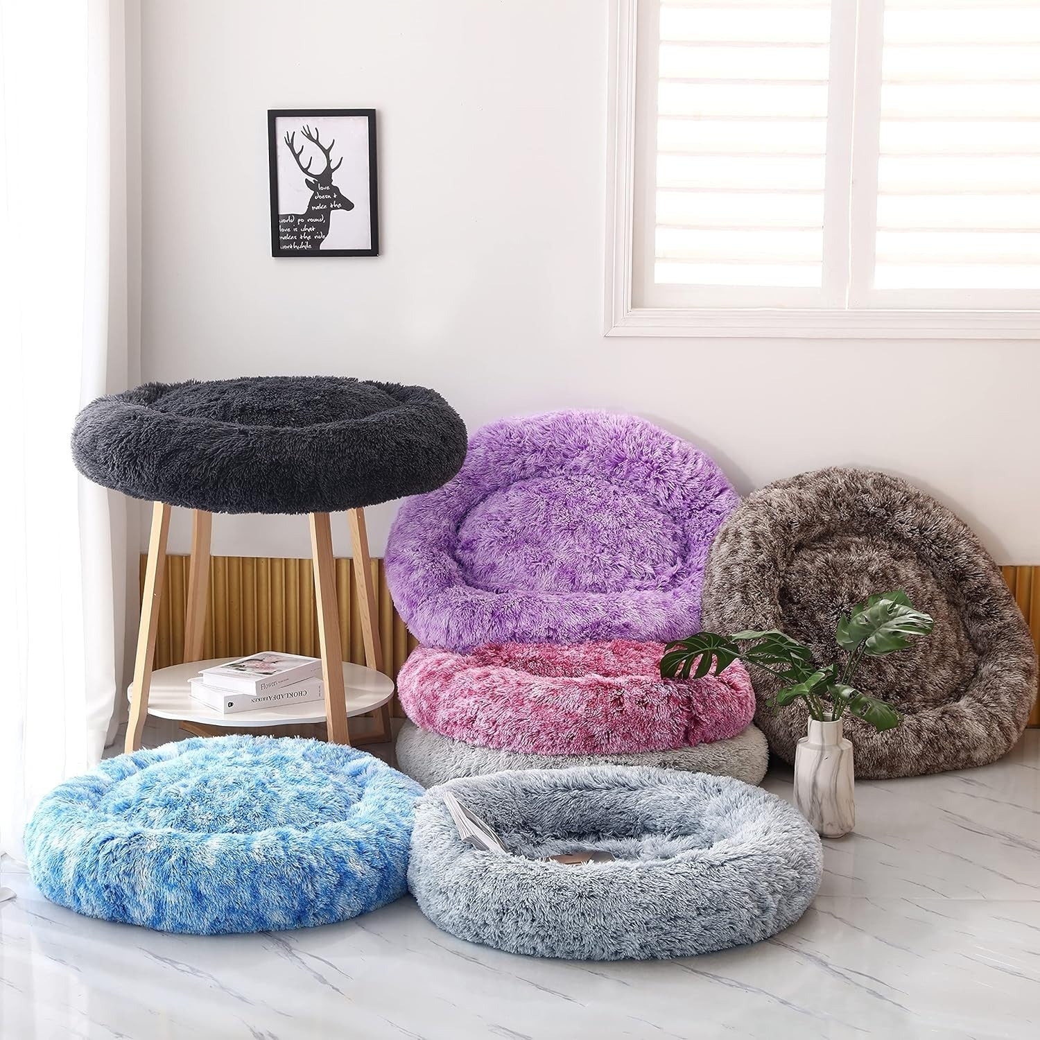 XXL Calming Donut Dog Bed 100cm Anti Anxiety Faux Fur Pink