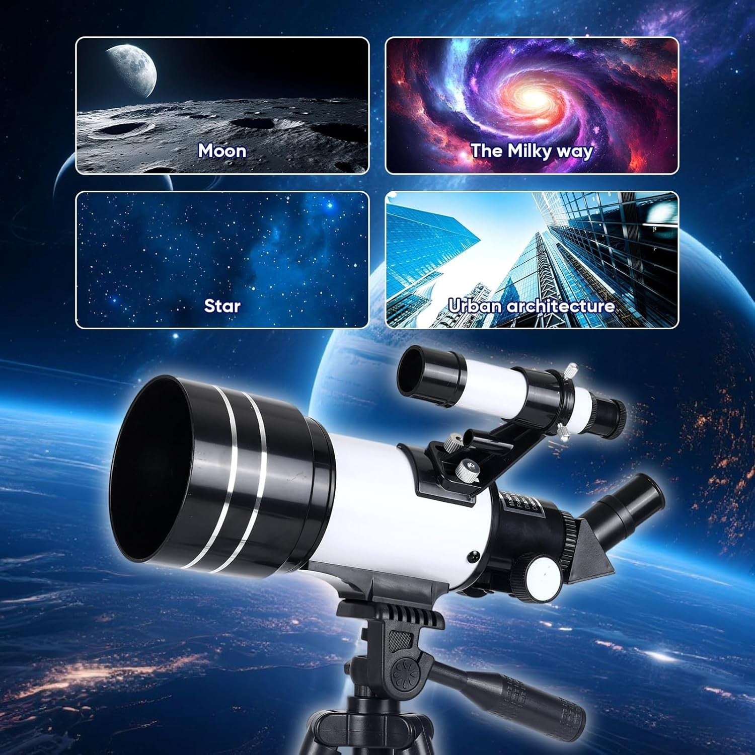 70mm Telescope 300mm Refractor for Kids & Adults with Tripod-White