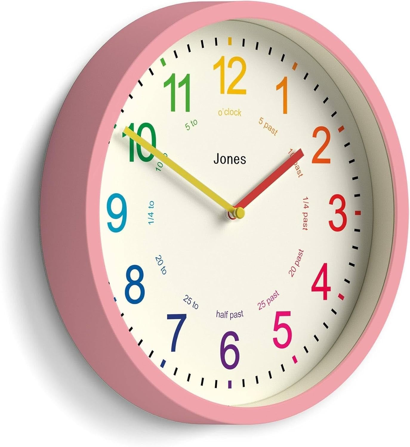 25cm Kids Wall Clock Pink – Silent Non-Ticking Colourful Numbers Learn Time