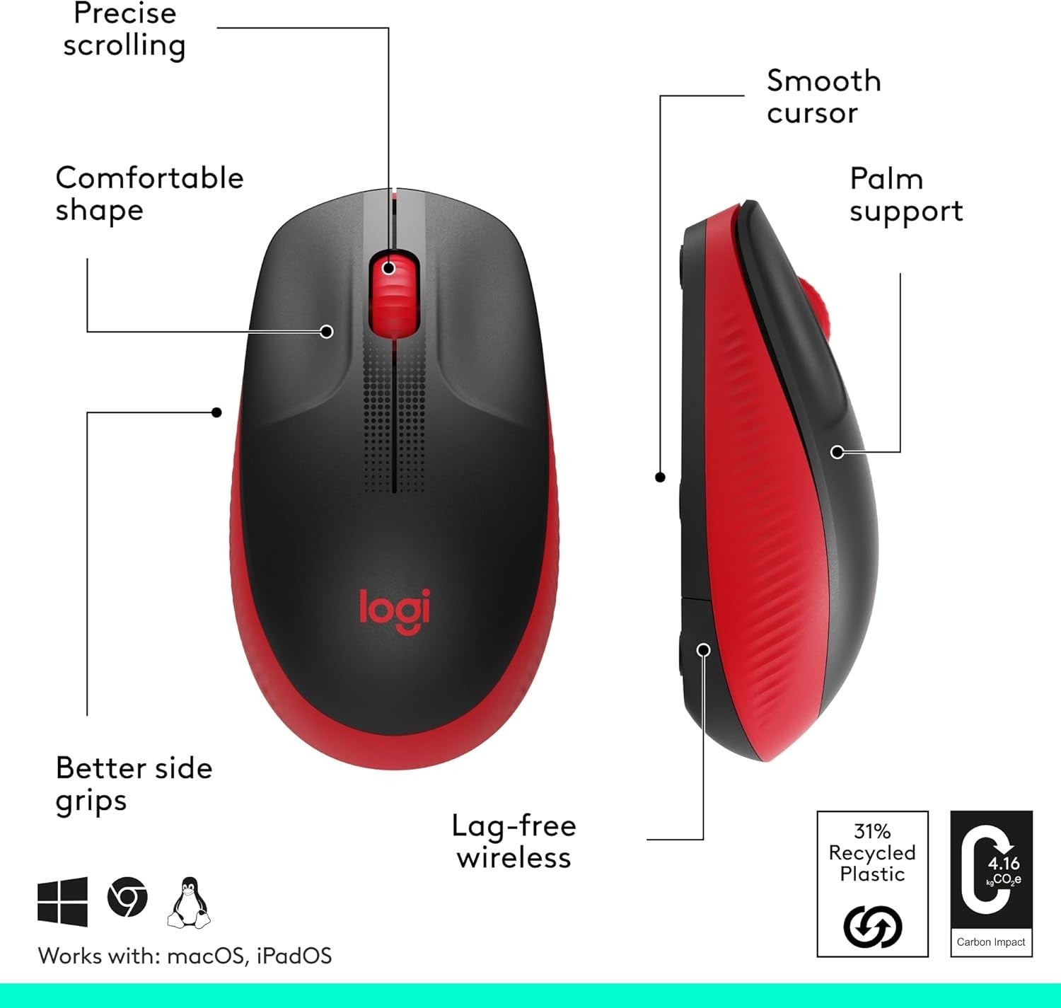 Full Size Wireless Mouse Red USB 18 Month Battery Ergonomic
