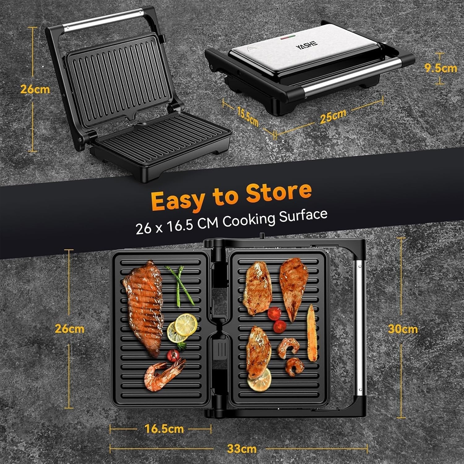 2 Slice Panini Press 1500W XXL Non Stick 28cm Silver