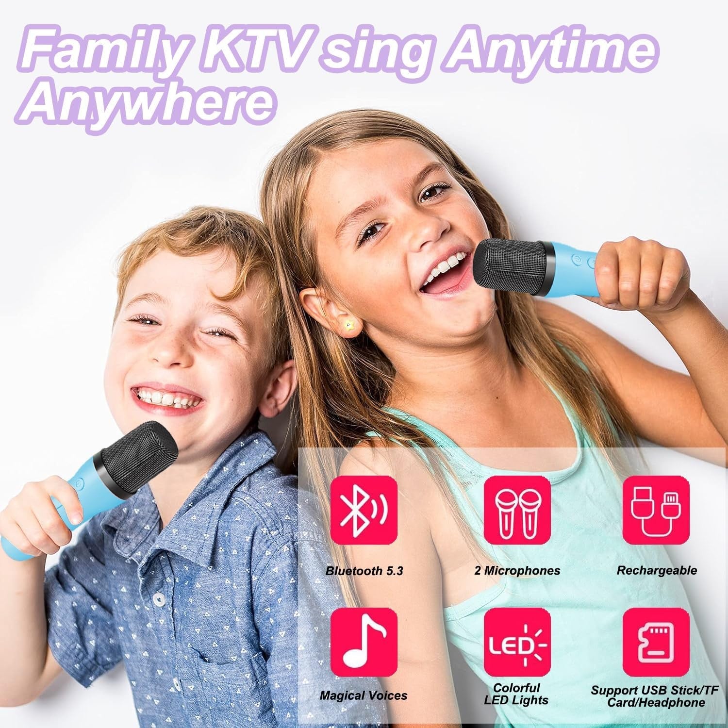 Kids Karaoke Machine Bluetooth Speaker 2 Mics LED Lights