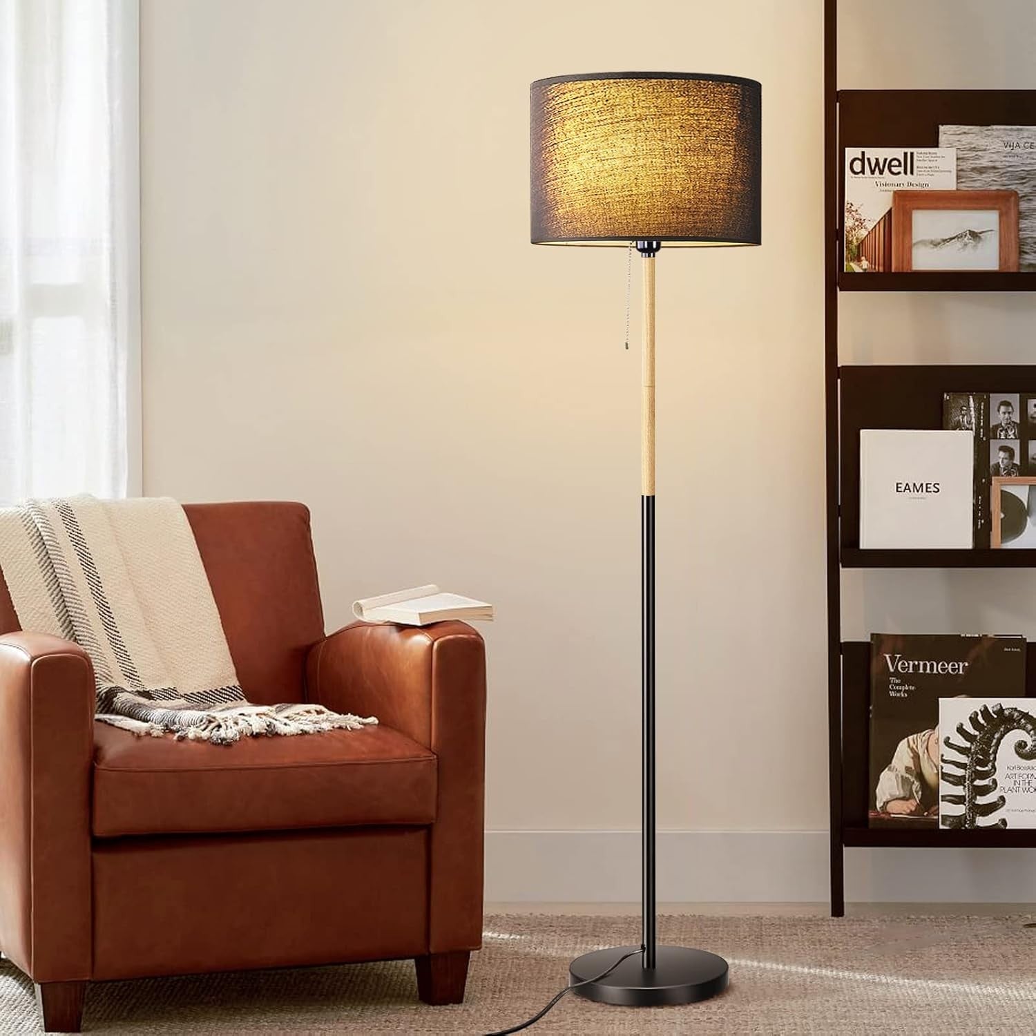 Floor Lamp Linen Shade Tall Standing Light Farmhouse Living Room Bedroom