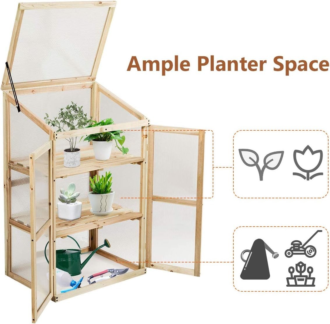 Mini Wooden Greenhouse 3-Tier Cold Frame with Doors & Skylight 60x45x100cm