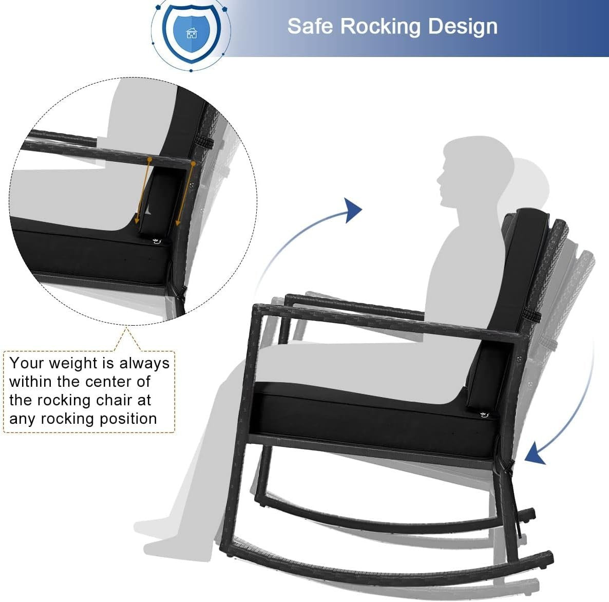 Outdoor Rattan Rocking Chair Cushioned Patio Garden Porch Relaxer Seat
