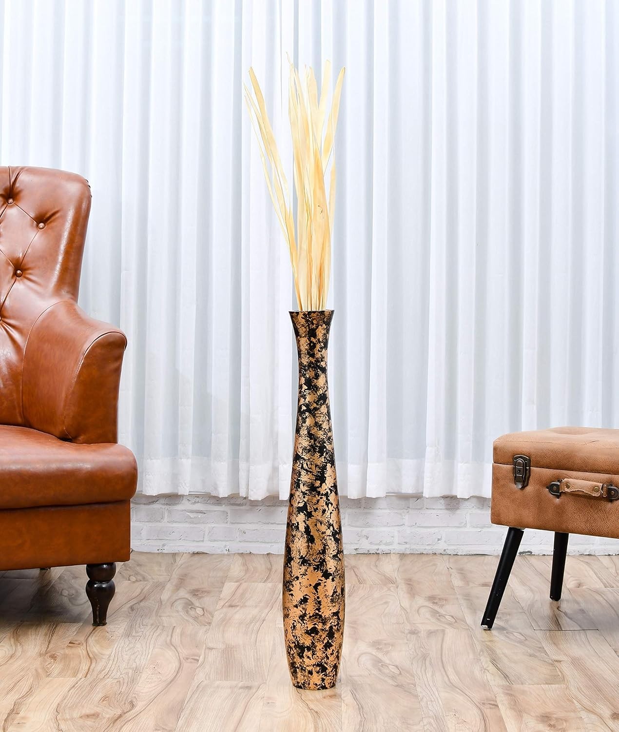 Gold Black Floor Vase 65cm Tall Wooden Decor for Pampas Grass