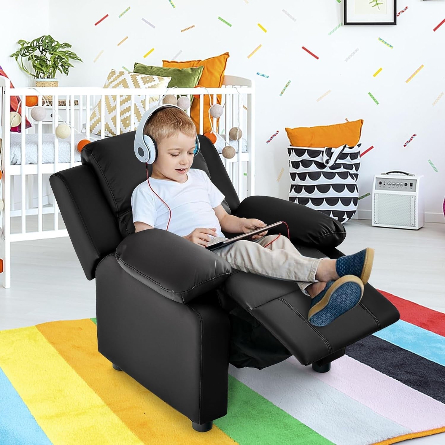 Kids Recliner Chair Adjustable Backrest & Footrest PU Leather with Storage Arms