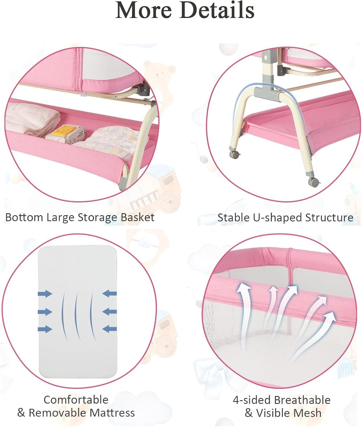 4-in-1 Baby Bedside Crib with Adjustable Height, Mosquito Net & Storage Pink